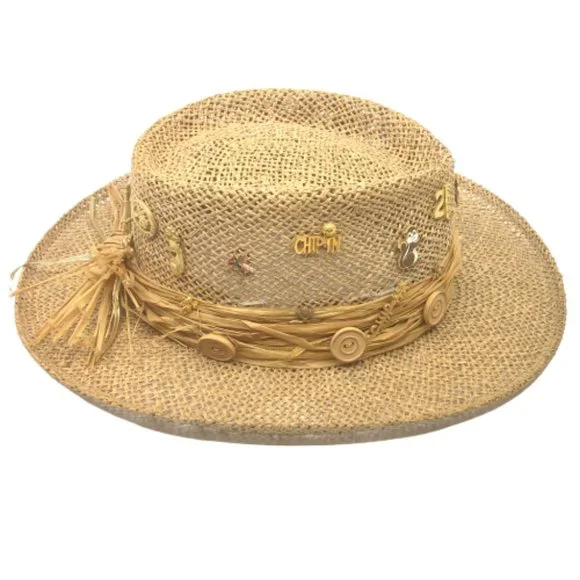 VINTAGE 1960s LADIES' PANAMA PORK PIE STRAW 3" BRIM HAT~w/21 GOLF PIN CHARMS - Picture 4 of 5